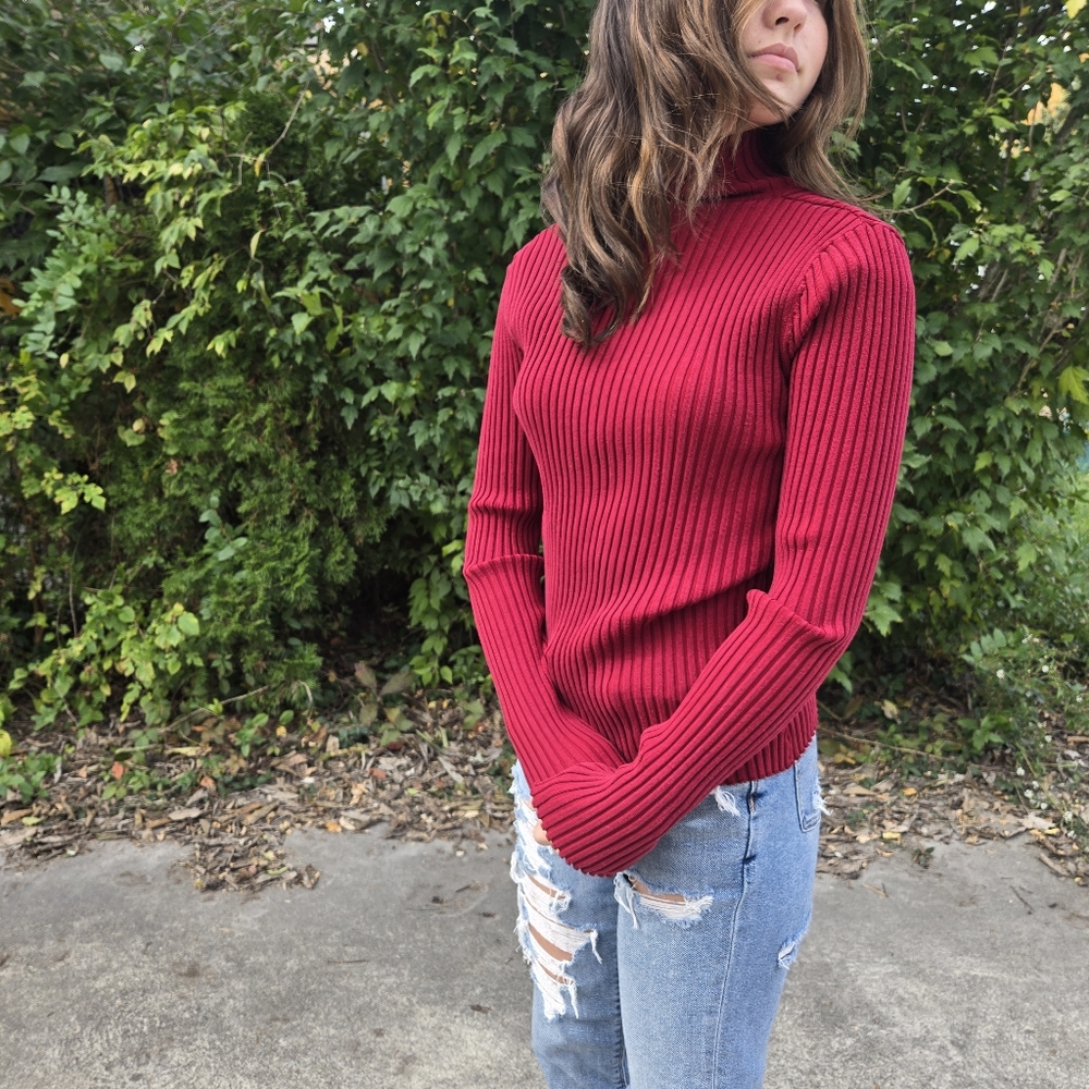 Vintage August Silk red ribbed mock turtleneck stretchy long sleeve Small